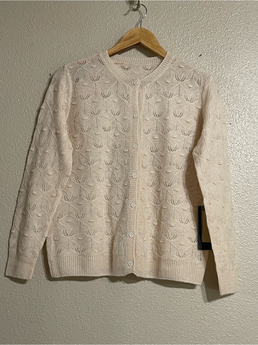 100% Merino Wool Pointelle Knit Cardigan Sweater Cream Leaf